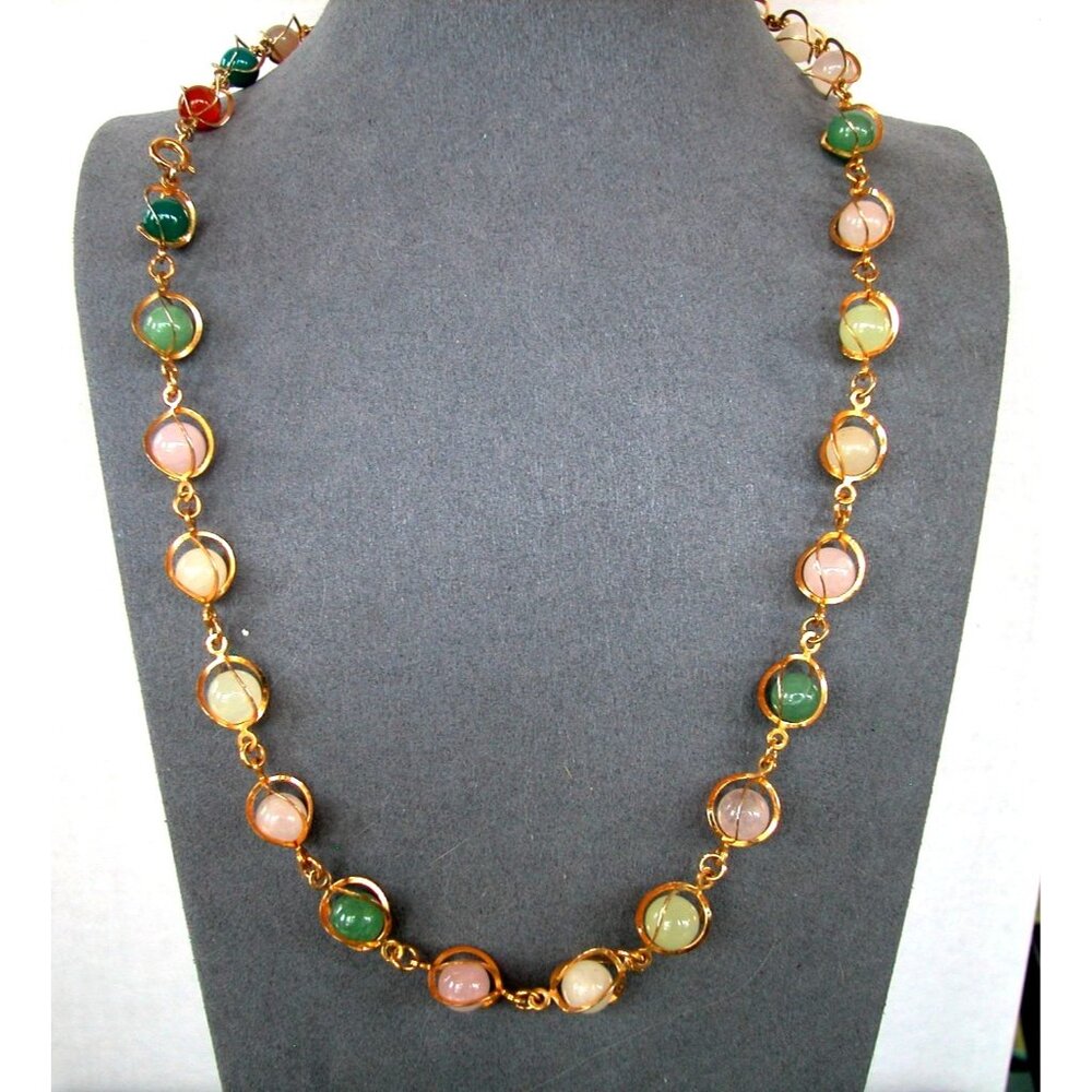Vintage Multi-Colored Gem Stone Necklace With Gold-Tone Settings 22"